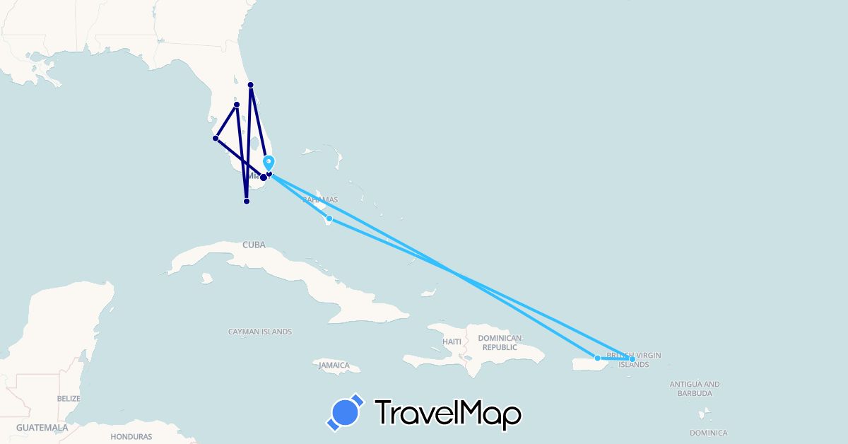 TravelMap itinerary: driving, boat in Bahamas, United States, British Virgin Islands (North America)